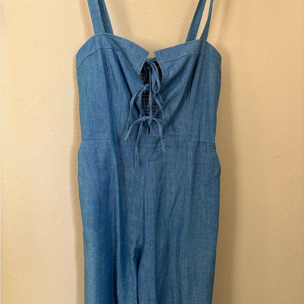 Blue Denim Jumpsuit with Lace-Up Front